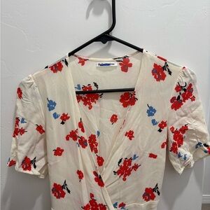 Reformation Cream Wrap Blouse with Red and Blue Floral Print